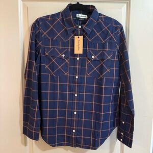 NWT Tom Beckbe Navy and Orange Plaid Button Down Shirt
